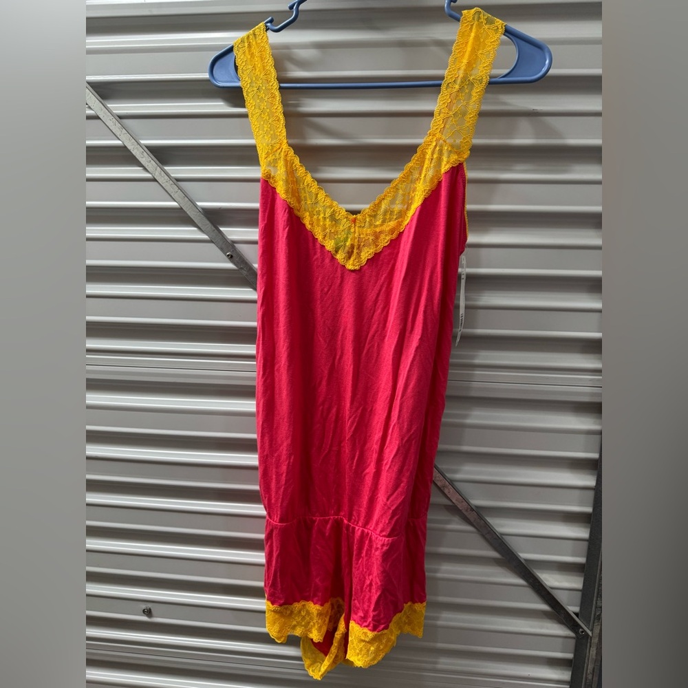 Honeydew Intimates Pink and Yellow Chemise with Lace Trim